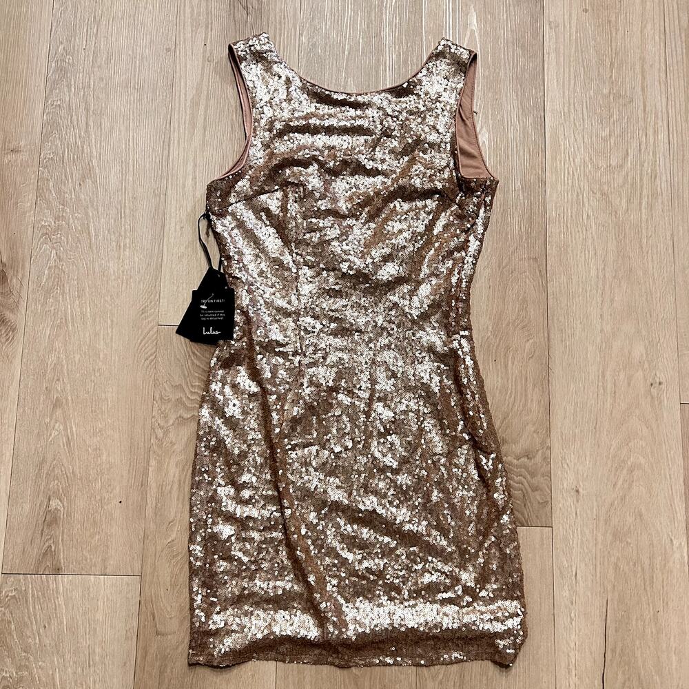 Lulus Rose Gold Sequin Sleeveless Bodycon Mini Dress Size L NWT